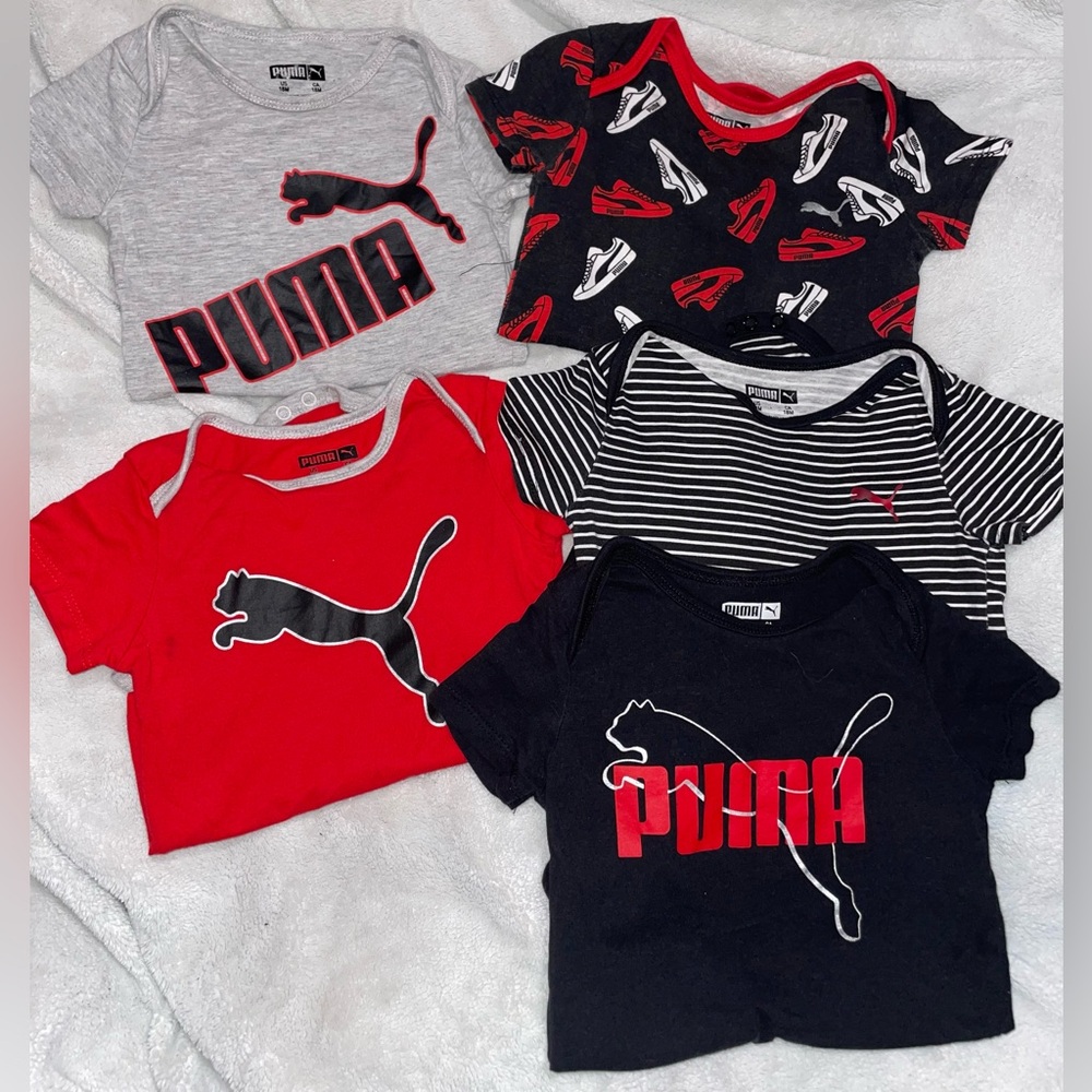 LOT Of 5, 18 Month Puma Baby Bodysuits Short Sleeve Snap Crotch Black White Red